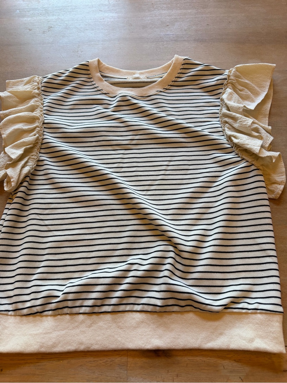 American Eagle Outfitters Cream and Black Striped Ruffle Sleeve Sweatshirt